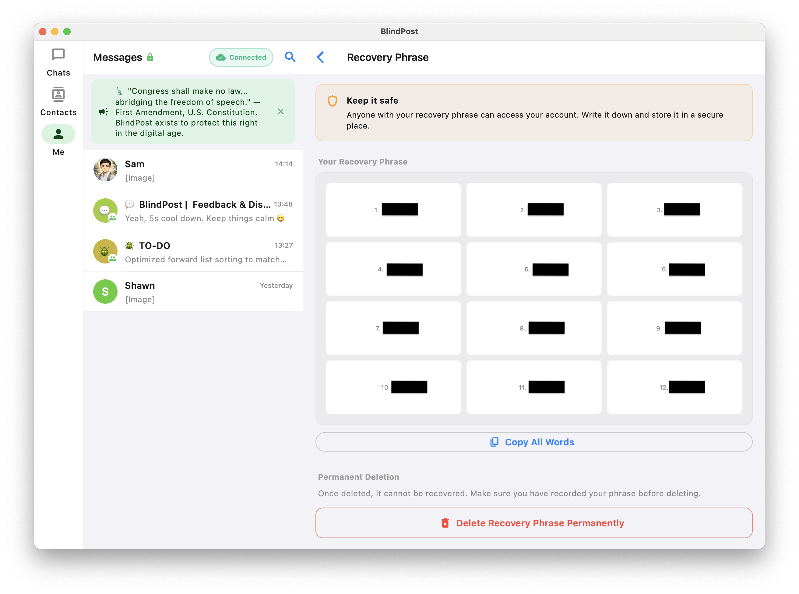 BlindPost macOS — three-column layout with recovery phrase